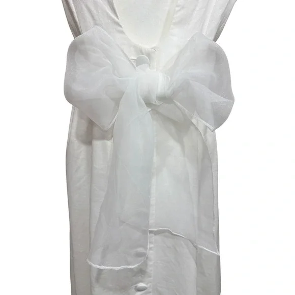 Linen Women's Ivory White Midi Wedding Dress‎ Organza Tie Bow Back Buttons SZ 14